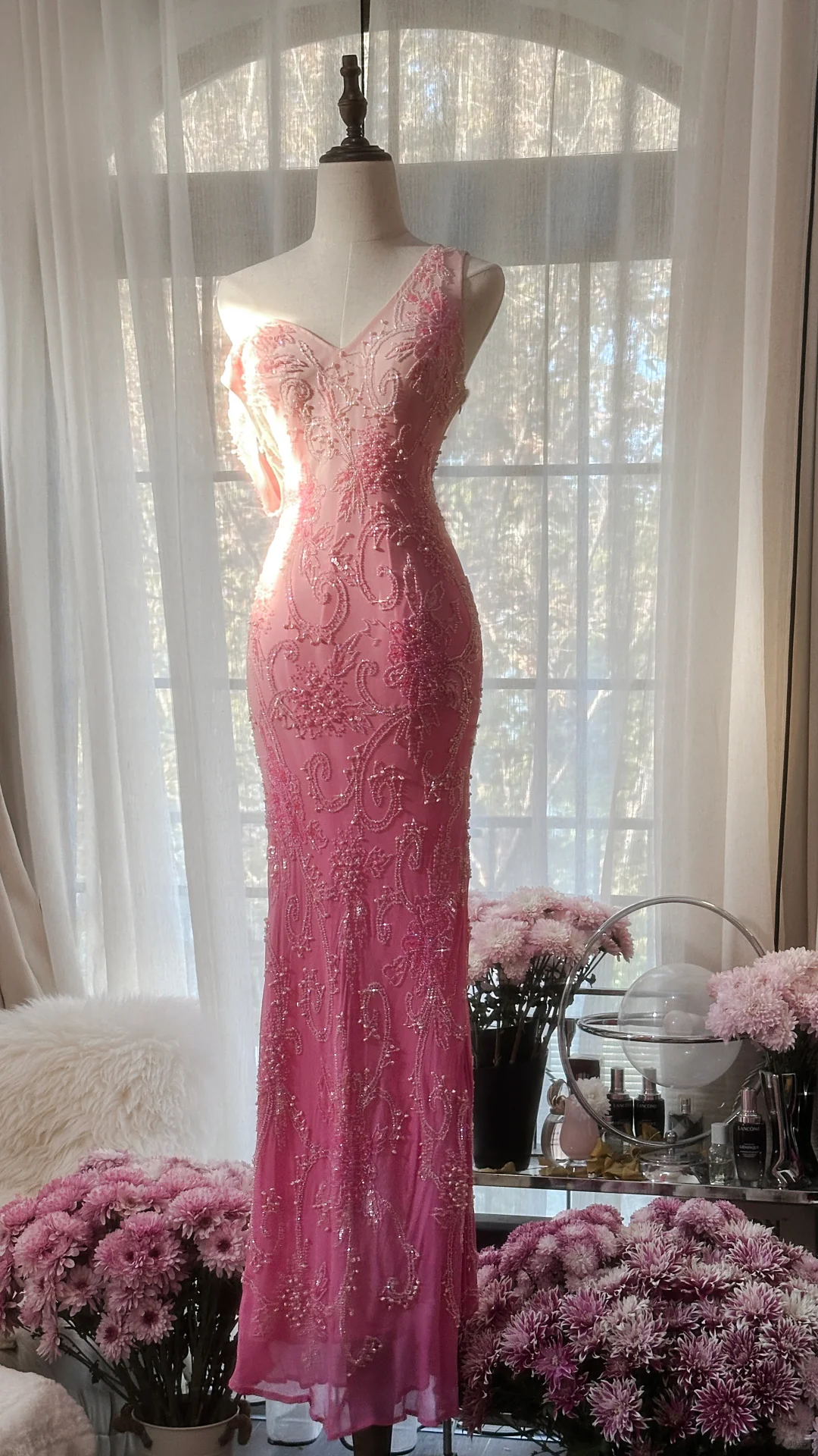 Gorgeous Sheath V Neck Beaded Pink Ombre Chiffon Long Party Dress Wedding Guest Dress SH2943