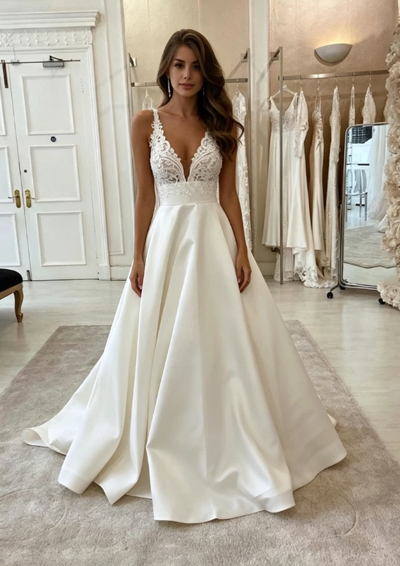 White v neck satin lace long prom dress evening dress A08