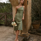 Simple Sheath One Shoulder Pleated Green Satin Bridesmaid Dress Evening Dress SH3060