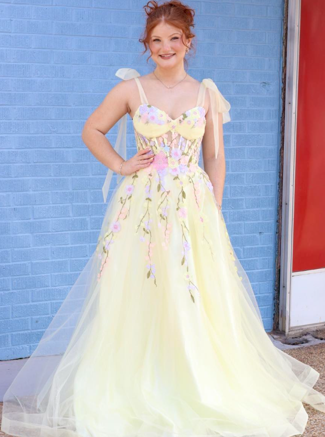 Light Yellow A Line Colorful Appliques Tulle Prom Dress Party Evening Dress SH7221