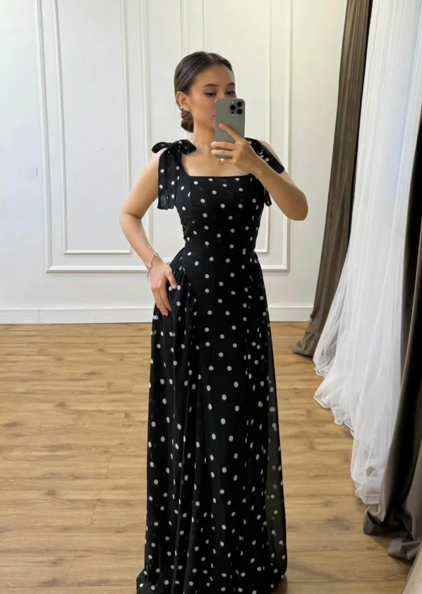 Simple Polka Dot A Line Strap Chiffon Long Prom Dress Evening Dress SH7299