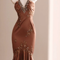 Sexy Brown Sheath V Neck Appliques Lace Beaded Satin Short Homecoming Dress Outfits SH5117