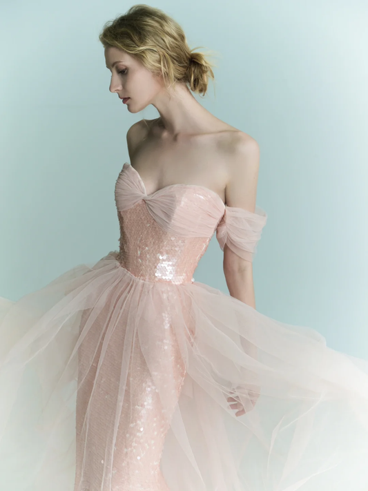 Shiny Pink Mermaid Off the Shoulder Tulle Sequin Party Dress Prom Dress Formal Gown SH4308