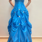 Princess A Line Sweetheart Neck Beaded Rhinestone Blue Satin Long Prom Dress Evening Dress SH2099