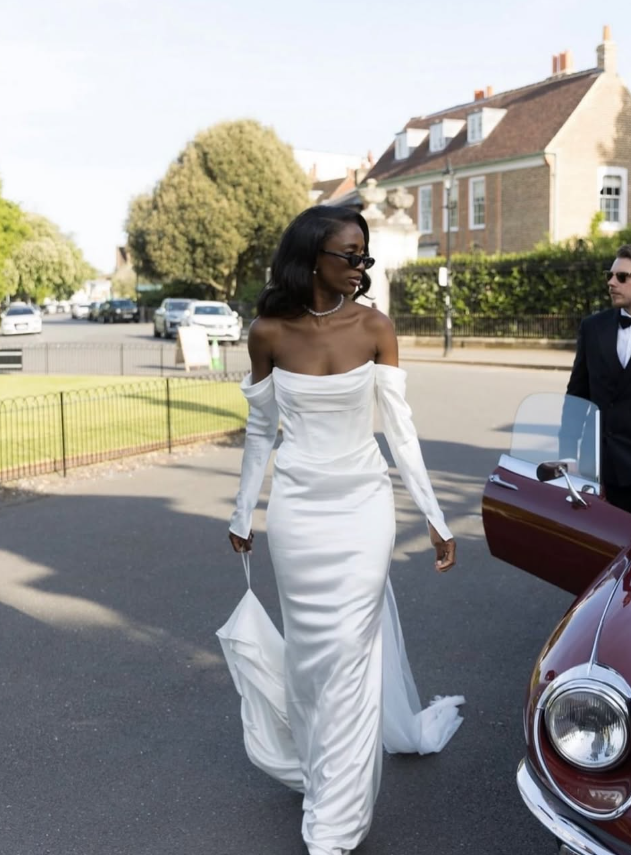 Simple Elegant Sheath Long Sleeve White Satin Long Wedding Dress SH5284