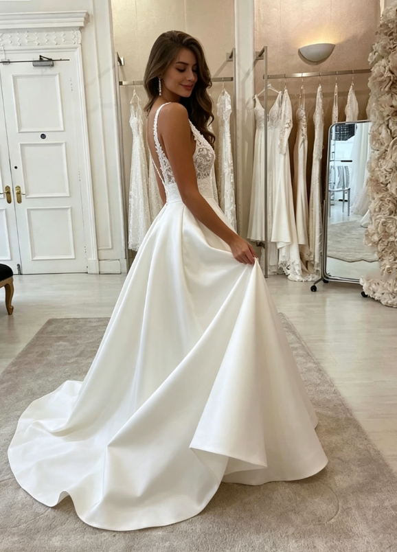 White v neck satin lace long prom dress evening dress A08