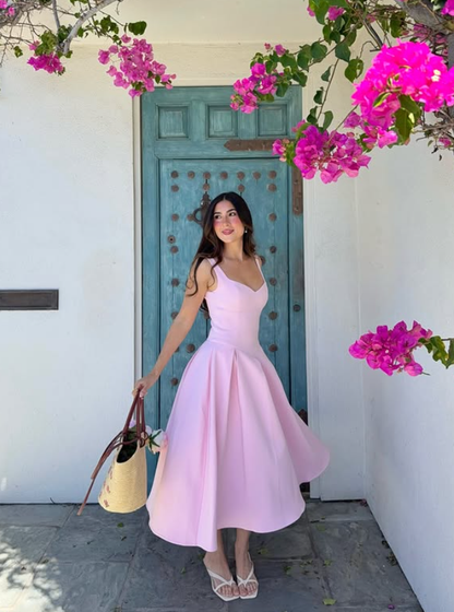 Princess Pink A Line Spaghetti Strap Simple Satin Prom Dress Vacation Dress SH6254