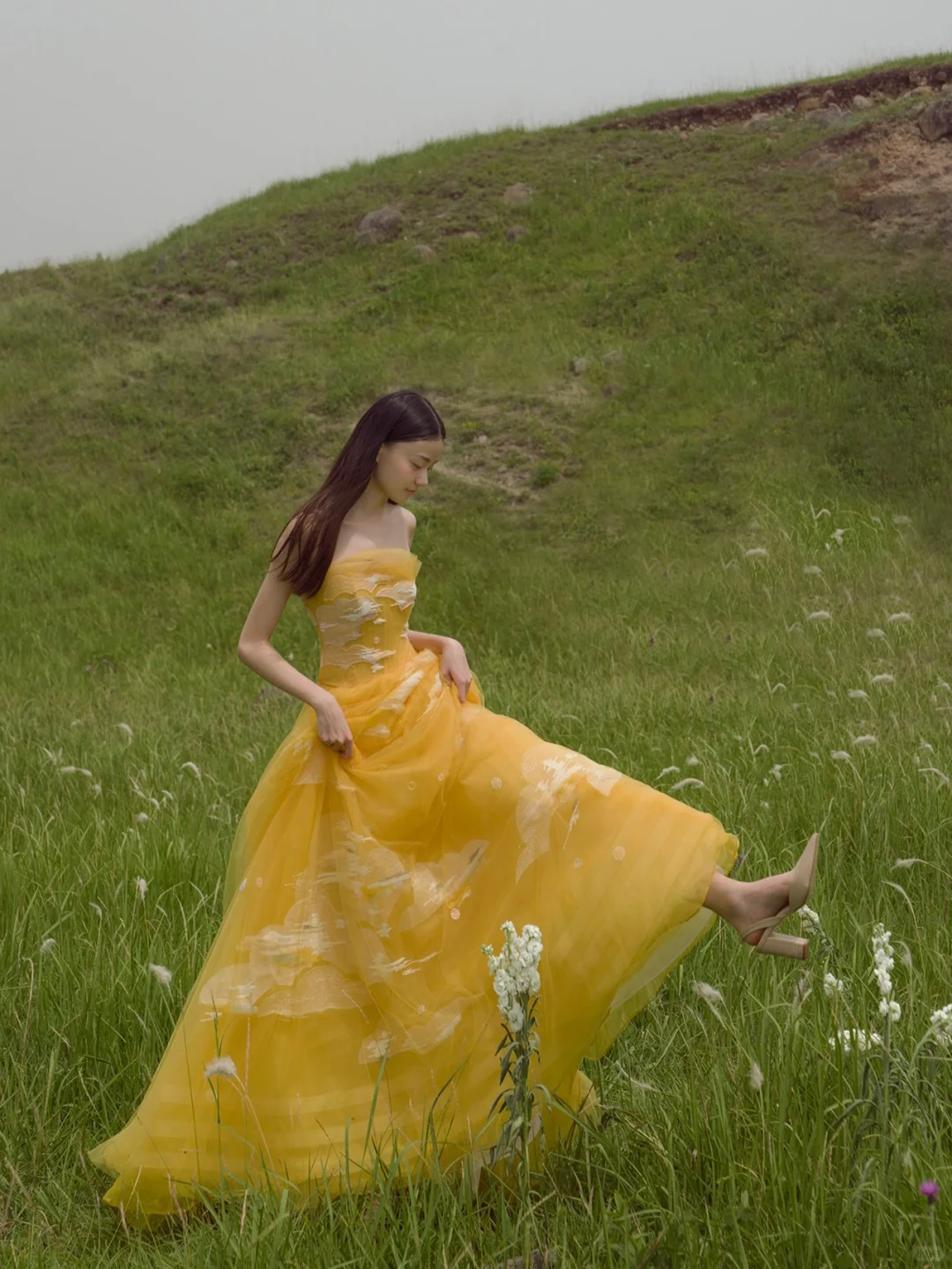 Yellow A Line Strapless White Appliques Tulle Long Prom Dress Party Dress SH4686