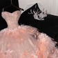3D Floral Ball Gown Strapless Feather Sequin Tulle Prom Dress Party Dress SH3413