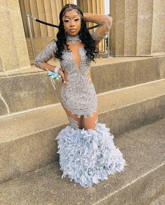 Luxurious Beaded Long Sleeves Mermaid Prom Dress With Feathers SH884