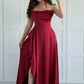 Elegant Burgundy A Line Spaghetti Strap Satin Slit Long Prom Dress Evening Dress SH7307