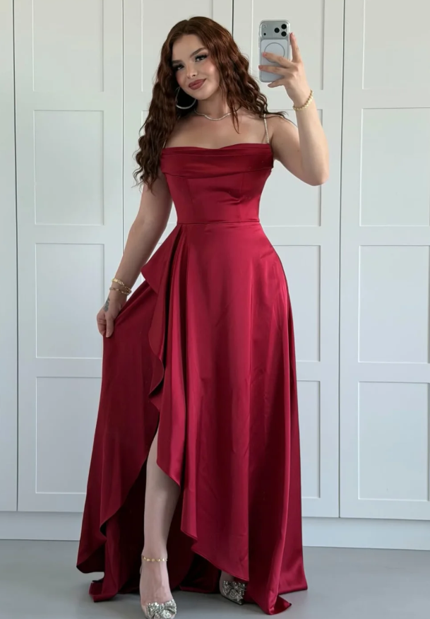 Elegant Burgundy A Line Spaghetti Strap Satin Slit Long Prom Dress Evening Dress SH7307