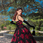 Vintage A Line Spaghetti Strap Red Appliques Black Satin Prom Dress Evening Dress SH4255
