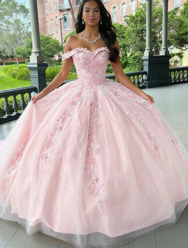 Pink Tulle Applique Long Prom Dress Quinceanera Dress Ball Gown SH970