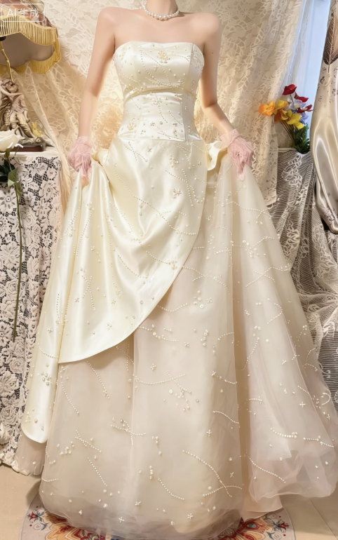 Princess Pink A Line Strapless Beaded Satin Tulle Long Prom Dresses 16th Birthday Dresses SH4636