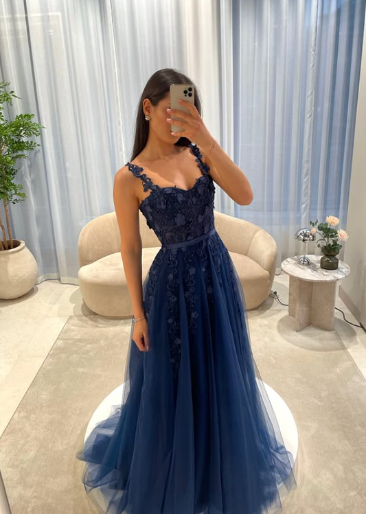 Navy Blue A Line Straps Appliques Lace Tulle Long Prom Dress Party Evening Dress SH5708