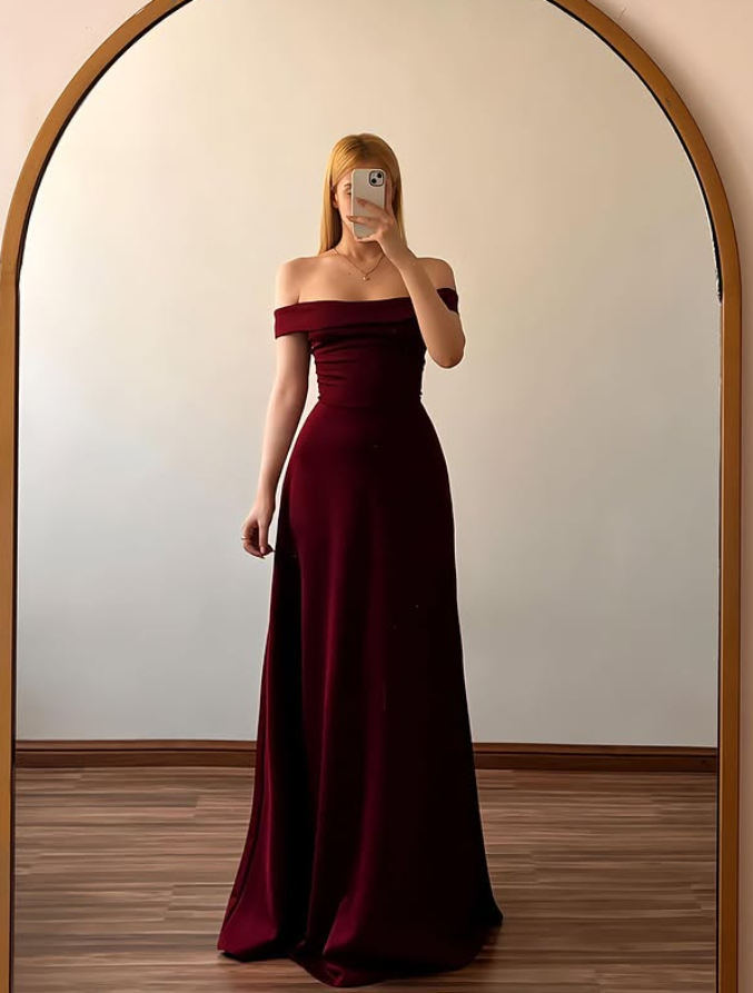 Vintage A Line Off the Shoulder Simple Burgundy Satin Prom Dress Evening Dress SH6962