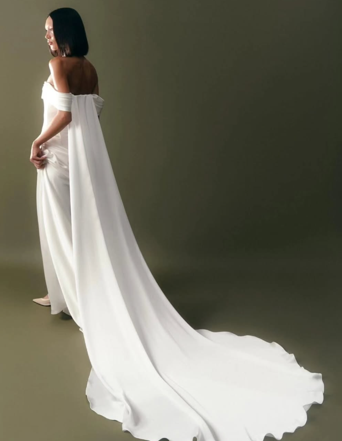 Beautiful Sheath Off the Shoulder Corset White Satin Long Train Wedding Dress SH7152