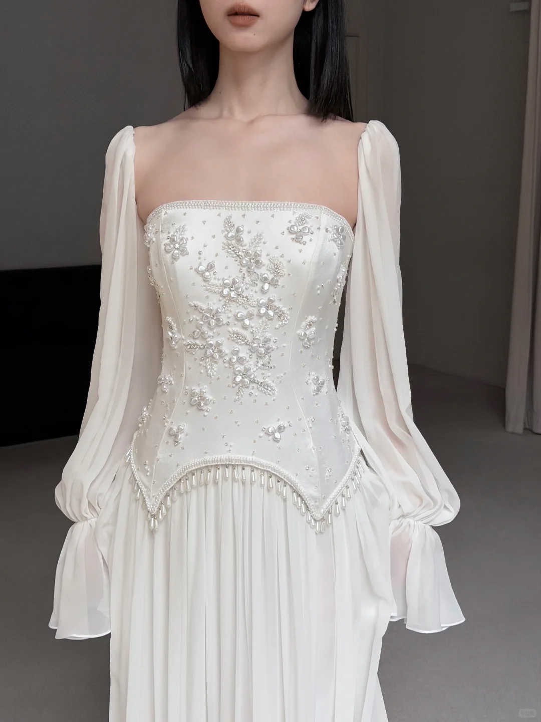 2026 New A Line Long Sleeve Beaded Chiffon Satin Long Wedding Dress SH7710