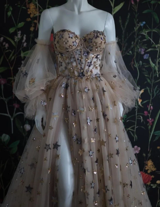 Sweetheart Champagne Tulle Bubble Sleeves Long A Line Prom Dress Beaded Evening Dress KS7039