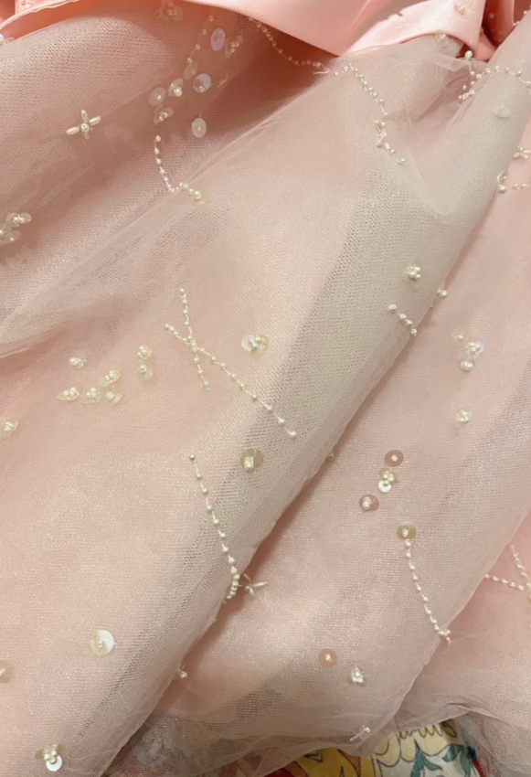 Princess Pink A Line Strapless Beaded Satin Tulle Long Prom Dresses 16th Birthday Dresses SH4636