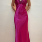 Hot Pink Mermaid V Neck Beaded Satin Open Back Prom Dress Evening Dress SH2056
