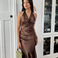 Simple A Line Halter Brown Satin Open Back Evening Dress Party Dress SH2689