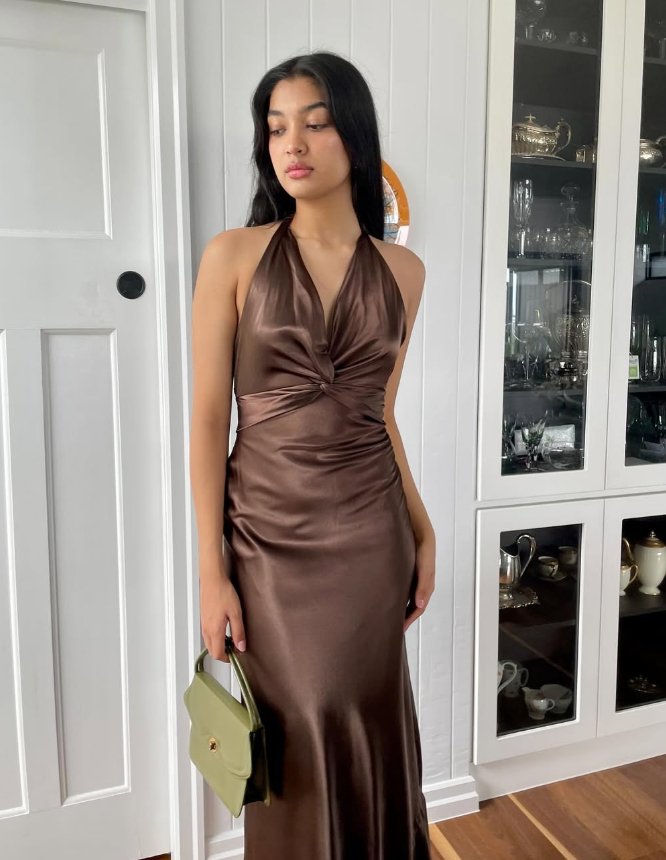 Simple A Line Halter Brown Satin Open Back Evening Dress Party Dress SH2689
