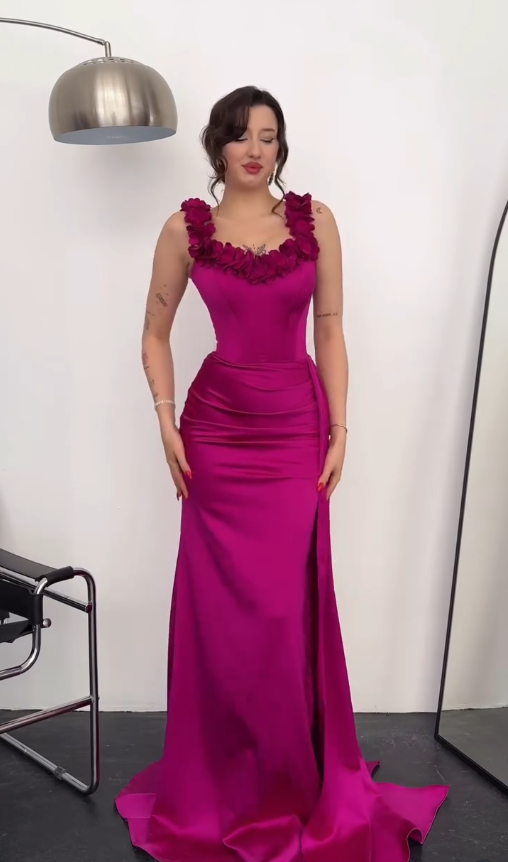 Hot Pink Mermaid Off the Shoulder Floral Satin Prom Dress Party Dress SH4842