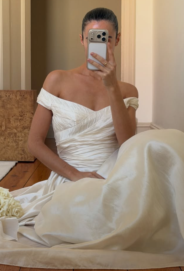 Vintage A Line Off the Shoulder Ivory Pleated Satin Wedding Dress SH8473