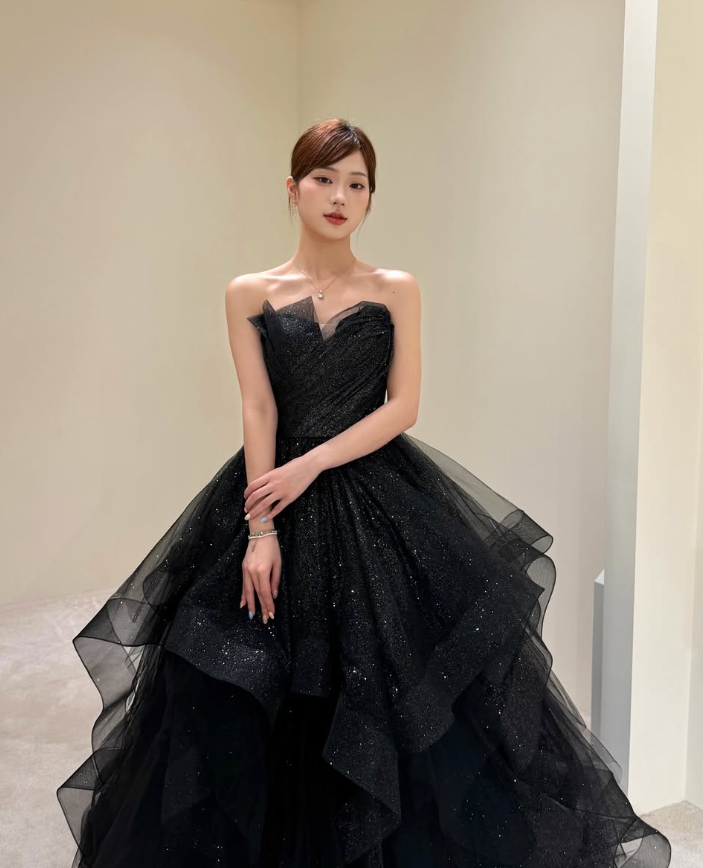 Sweety Ball Gown Strapless Ruffle Sequin Black Tulle Prom Dress Evening Dress SH5102