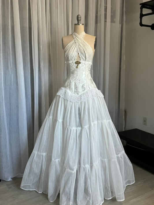 Vintage Ivory A Line Halter Tulle Lace Backless Prom Dress Wedding Dress SH7670
