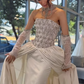 Retro Dazzling Exquisite Rhinestone A Line Strapless Apricot Satin Long Train Wedding Dress SH6092