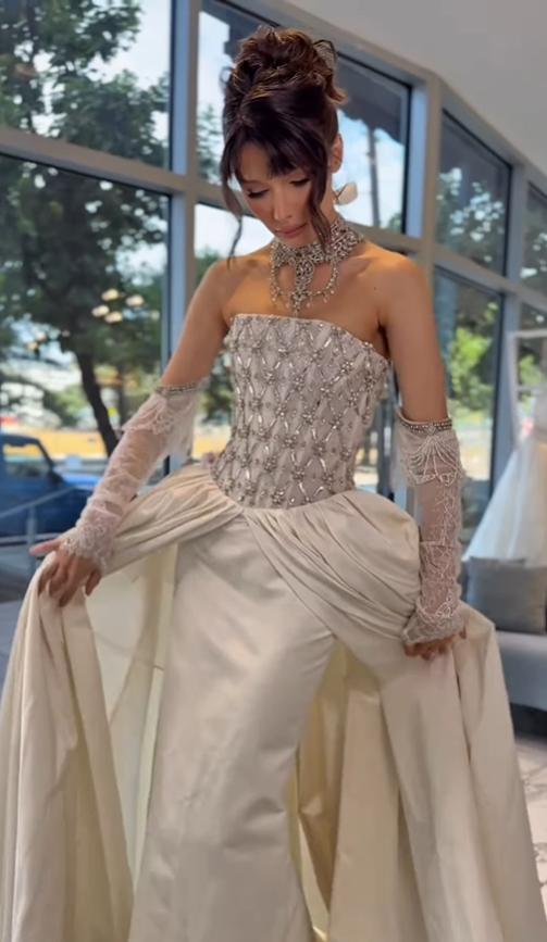 Retro Dazzling Exquisite Rhinestone A Line Strapless Apricot Satin Long Train Wedding Dress SH6092