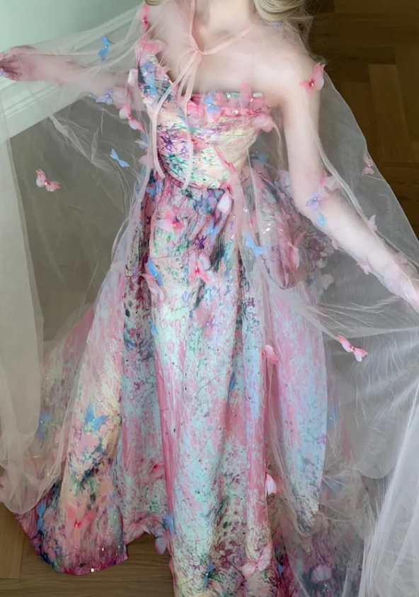 Sweety Pink Ball Gown Print Floral Chiffon Prom Dress Quinceanera Dress SH7168