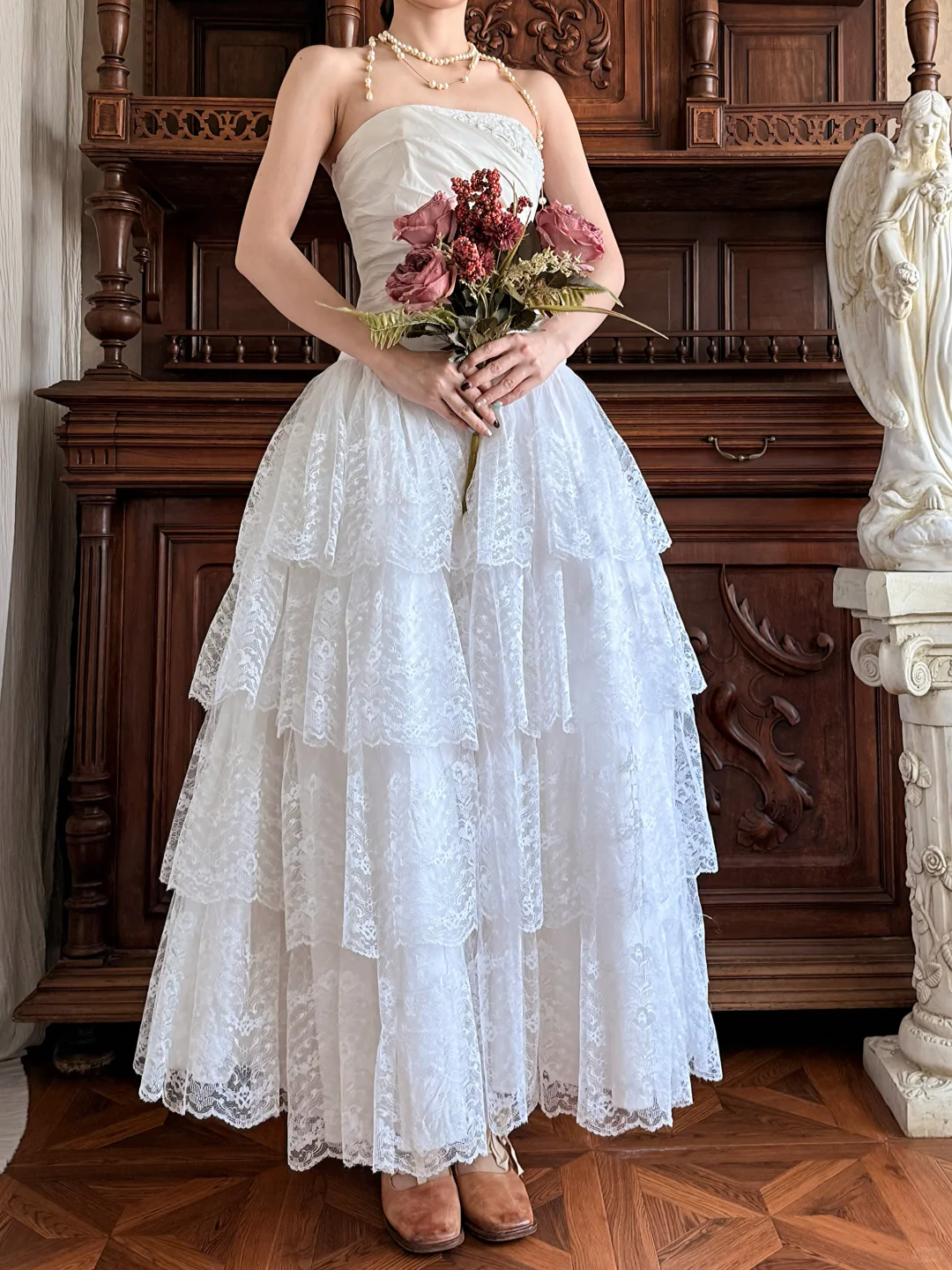 Vintage Princess White A Line Layered Lace Satin Long Prom Dress Evening Dress SH5658