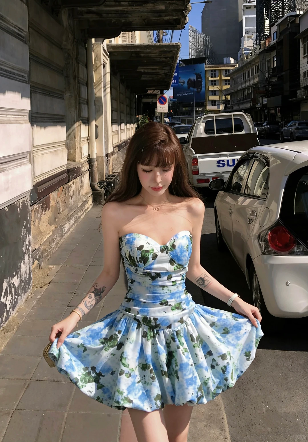 Cute A Line Sweetheart Neck Blue Print Floral Satin Short Homecoming Dress Outfits SH5823