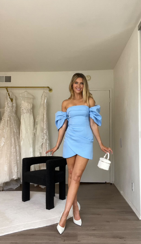 Cute Blue Sheath Off the Shoulder Satin Short Homecoming Dress SH8485