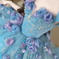 Blue Floral Ball Gown Sweetheart Neck Exquisite Beaded Tulle Long Prom Dress SH5031