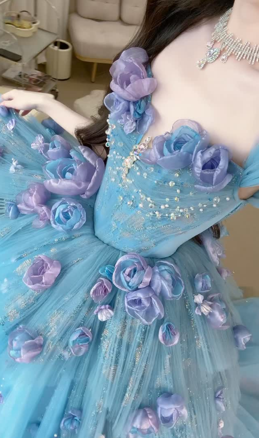 Blue Floral Ball Gown Sweetheart Neck Exquisite Beaded Tulle Long Prom Dress SH5031
