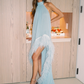 Baby Blue A Line Halter Feather Chiffon Long Sweep Prom Dress Evening Dress SH4234