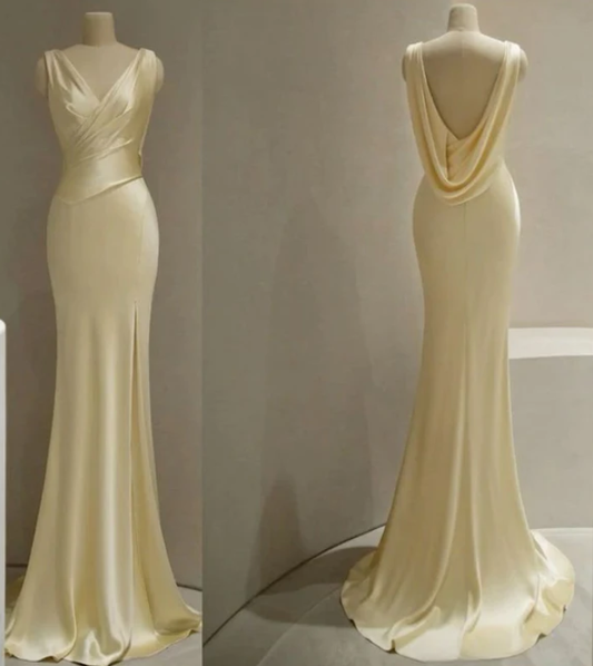 Pastel Yellow Satin Backless Slit Mermaid Long Prom Dress SH1297