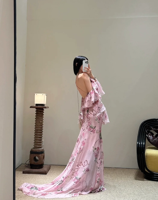 Flowy Pink A Line Spaghetti Strap Print Floral Chiffon Open Back Prom Dress Vacation Dress SH3985