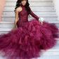 HIGH-NECK ONE-SLEEVE SHEATH LACE PUFFY TULLE PROM DRESS SA130