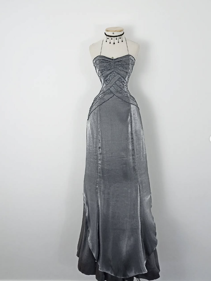 Retro A Line Spaghetti Strap Grey Beaded Satin Long Evening Dress Party Dress SH3169