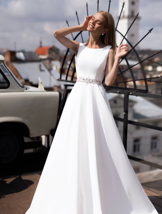 Elegant A Line Round Neck Beaded White Satin Long Wedding Dress SH6043