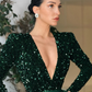 Royal Blue A Line Long Sleeve Shiny Sequin Satin Prom Dress Evening Dress SH5592