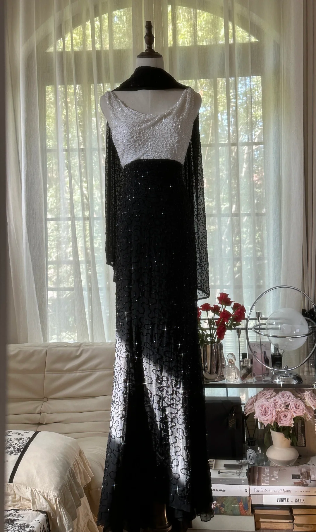 Shiny Sheath Strap Black White Beaded Chiffon Long Open Back Prom Dress Evening Dress SH2971