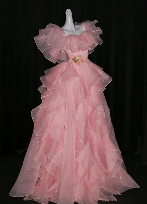 Princess Pink Ball Gown Straps Ruffle Organza Prom Dress Quinceanera Dress SH7164