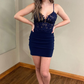 Navy Blue Appliques Sheath Straps V Neck Homecoming Dress,Elegant Prom Dress SH602